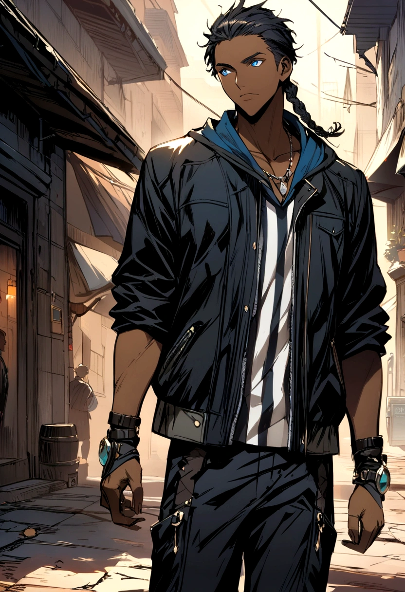 Black boy, dark skin, long black braids, highlighted blue eyes, handsome and detailed, streetwise clothes. ((detailed)) (( Modern concept art)) ((best quality)).