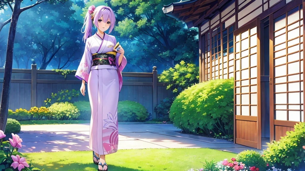 woman　clear　Light purple hair　　kimono　　Anime Style　　garden
