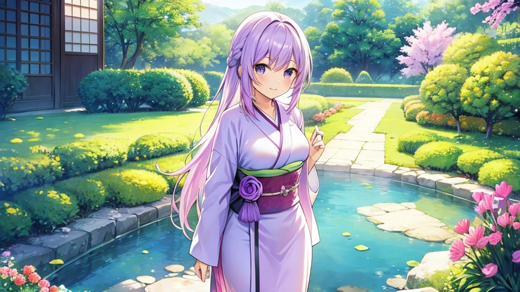 woman　clear　Light purple hair　　kimono　　Anime Style　　garden
