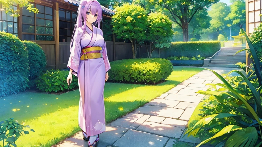 woman clear Light purple hair kimono Anime Style garden