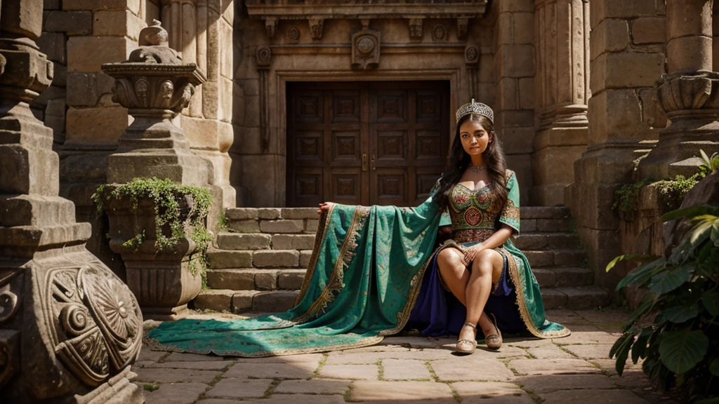 A hyper-realistic image of a humanoid owl in royal clothes.
The background features an Incan Palace with intricate stone carvings and lush greenery.