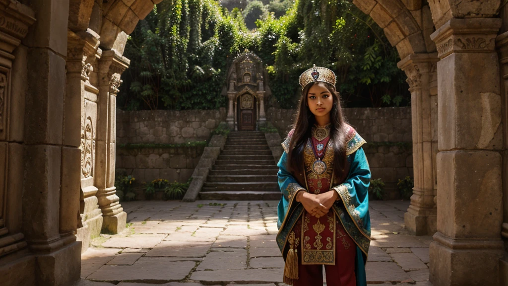 A hyper-realistic image of a humanoid owl in royal clothes.
The background features an Incan Palace with intricate stone carvings and lush greenery.