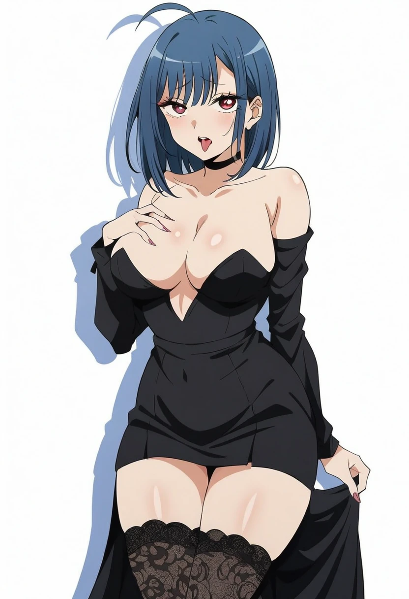 (anime art style:0.1), 2d, masterpiece, best quality, (very aesthetic:1.5), absurdres, dynamic shadows, atmosferic, (kitagawa marin), (1girl), ((blue hair)), bob cut, medium hair, (red eyes), sparkle eyes, detailed eyes, eyelashes, ahoge, hair between eyes, bangs, medium breasts, cleavage, makeup, lipstick, (curvy body), zettai ryouiki, ahegao, tongue, strapless, long sleeves, off shoulders, black dress, (long dress), lace-trimmed thighhighs, ((cowboy shot)), looking at viewer, grabing own breasts, sitting, (from front), (white background), simple background