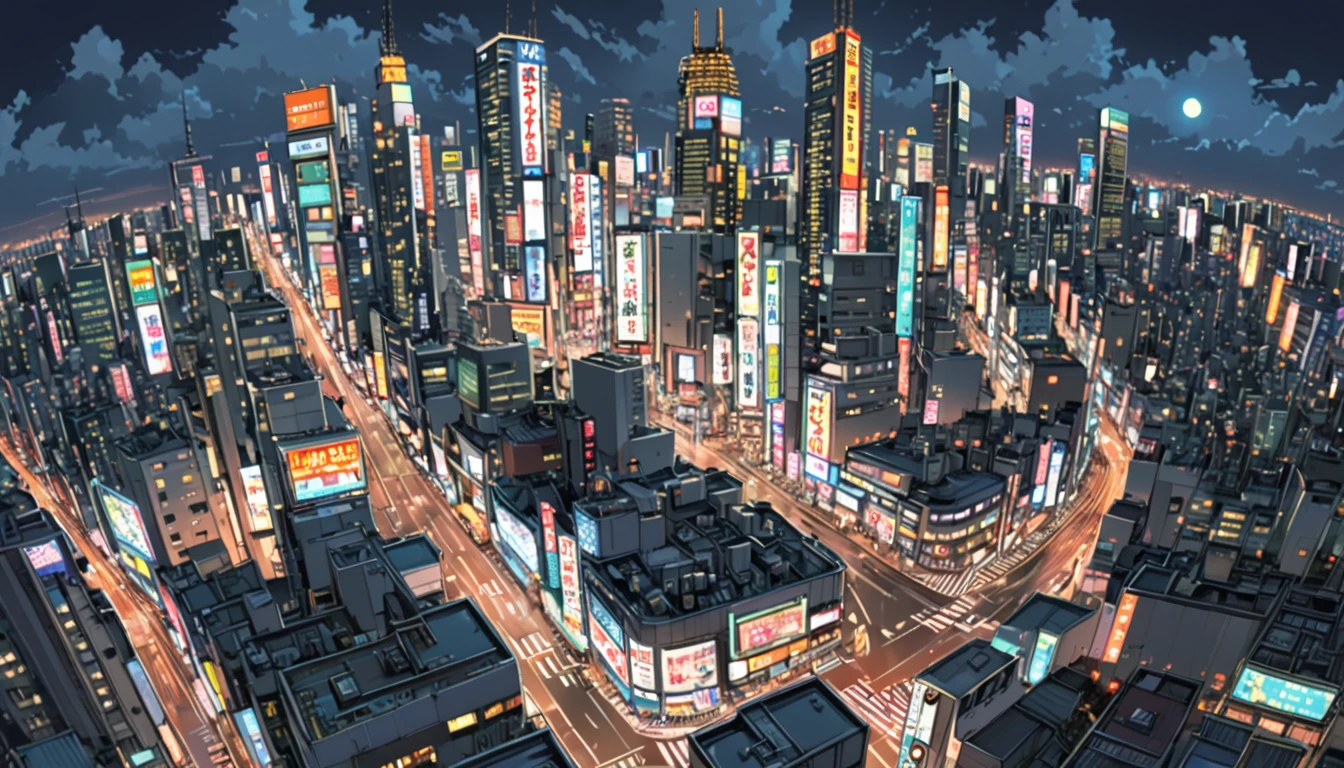 ((Anime: 1.4, Illustration)), (Masterpiece, Top Quality, Best Quality), (Ultra-Detailed, Absolutely Resolution), ((16k, HIGH RES)) (Shibuya cityscape, bird's-eye view, ultra-detailed cityscape, night, moonlight, neon signs), ( Anime: 1.4, Illustration)), (Masterpiece, Top Quality, Best Quality), (Ultra-Detailed, Absolutely Resolution). Ak {Lofi Art, Style of Laurie Greasley, Style of Makoto Shinkai, Anime Aesthetic}, BREAK {(Produces IMAGES WITH ITH INFORMATION THAN 40 Million Pixels with Cinematic-Like Detailed Textures S Hot on a Sony slur).}