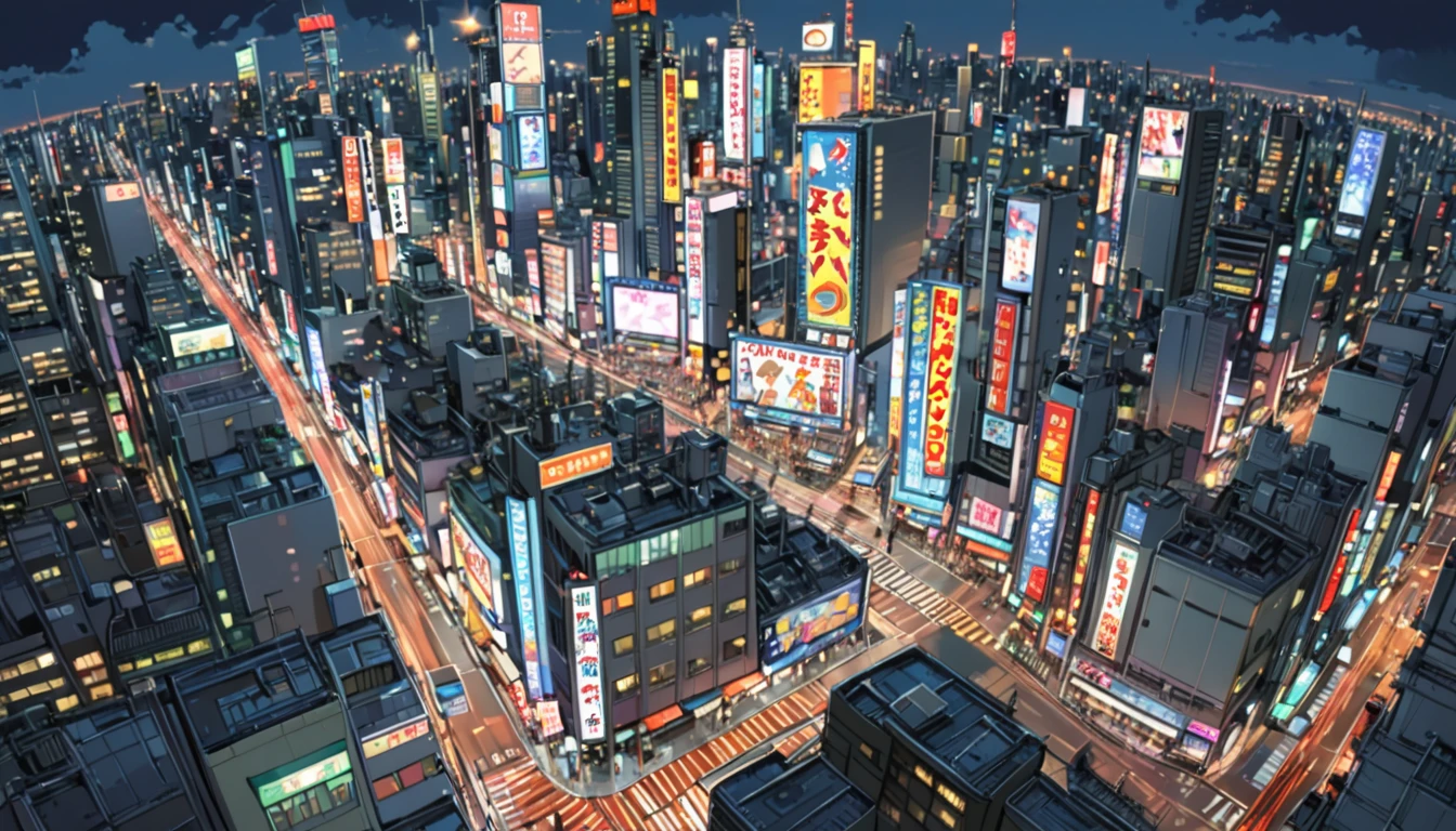 ((Anime: 1.4, Illustration)), (Masterpiece, Top Quality, Best Quality), (Ultra-Detailed, Absolutely Resolution), ((16k, HIGH RES)) (Shibuya cityscape, bird's-eye view, ultra-detailed cityscape, night, moonlight, neon signs), ( Anime: 1.4, Illustration)), (Masterpiece, Top Quality, Best Quality), (Ultra-Detailed, Absolutely Resolution). Ak {Lofi Art, Style of Laurie Greasley, Style of Makoto Shinkai, Anime Aesthetic}, BREAK {(Produces IMAGES WITH ITH INFORMATION THAN 40 Million Pixels with Cinematic-Like Detailed Textures S Hot on a Sony slur).}