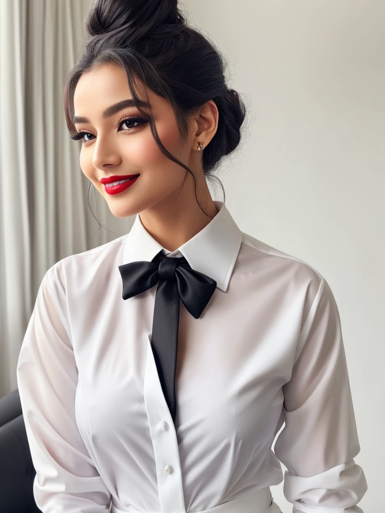 smiles beautifully, white shirt and black tie, hair tied up, long thick curly eyelashes, skin tone makeup, red lipstick