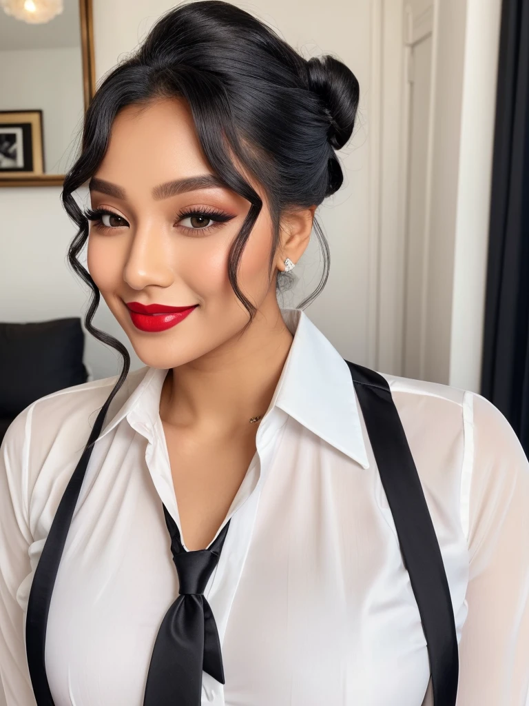 smiles beautifully, white shirt and black tie, hair tied up, long thick curly eyelashes, skin tone makeup, red lipstick