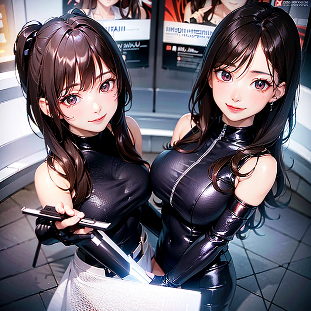 High quality ultra realistic image of a woman.  The woman is a mix of Native American and Jewish.  Strong features, skin fair.  Dark brown curly hair, dark shaped eyes.  The woman is dressed in semi-futuristic combat gear.  She has guns and knives strapped to her body.  The beautiful woman has a mischievous smile.  Your eyes shine with hate.