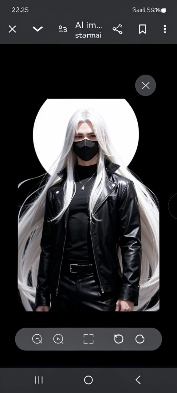 Manga style male character with long white hair along with a black mask that goes from his chin to his nose with a black shirt
