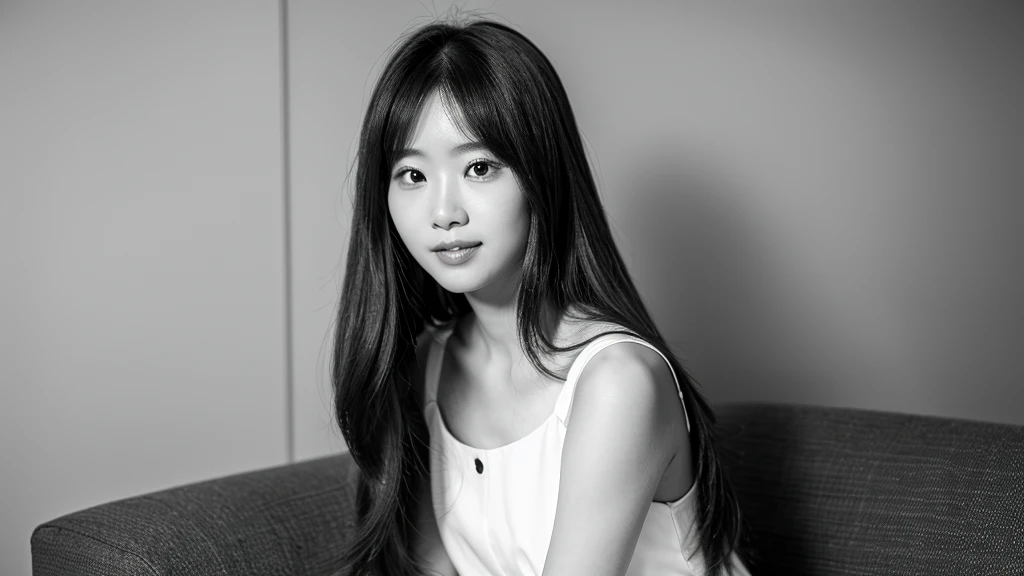 Woman and monochrome furniture,(Detailed face),vivid,chest,cute, Sleeveless white silky dress,4K,Ultra-high resolution,(Photorealistic：1.7),Long Hair,