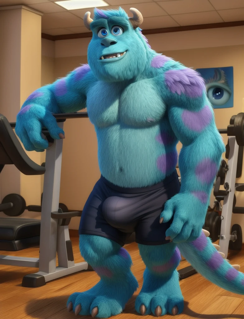 jpsullivan, horns, full body, claws, blue skin,purple patches on fur, blue eyes, lizard tail, teeth ,fangs(posing:1.3),((Solo~)), (soft shading), 4k, hi res, five fingers, detailed hands, ((detailed face, (detailed eyes:1.5), detailed)), by zackarry911, by zaush, (by personalami:0.5), black gym shorts, shirtless, bulge, huge muscles, big bulge, gym, (from front:1.4)