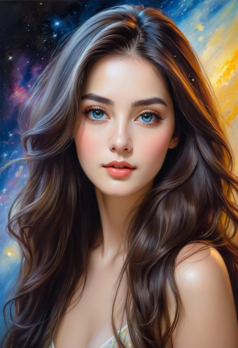 best quality,realistic,portrait,"toppless woman","beautiful detailed eyes","soft and delicate skin","long flowing hair","elegant and graceful pose","subtle lighting","subtle background","oil painting style","vivid colors" very slutty ,space background 