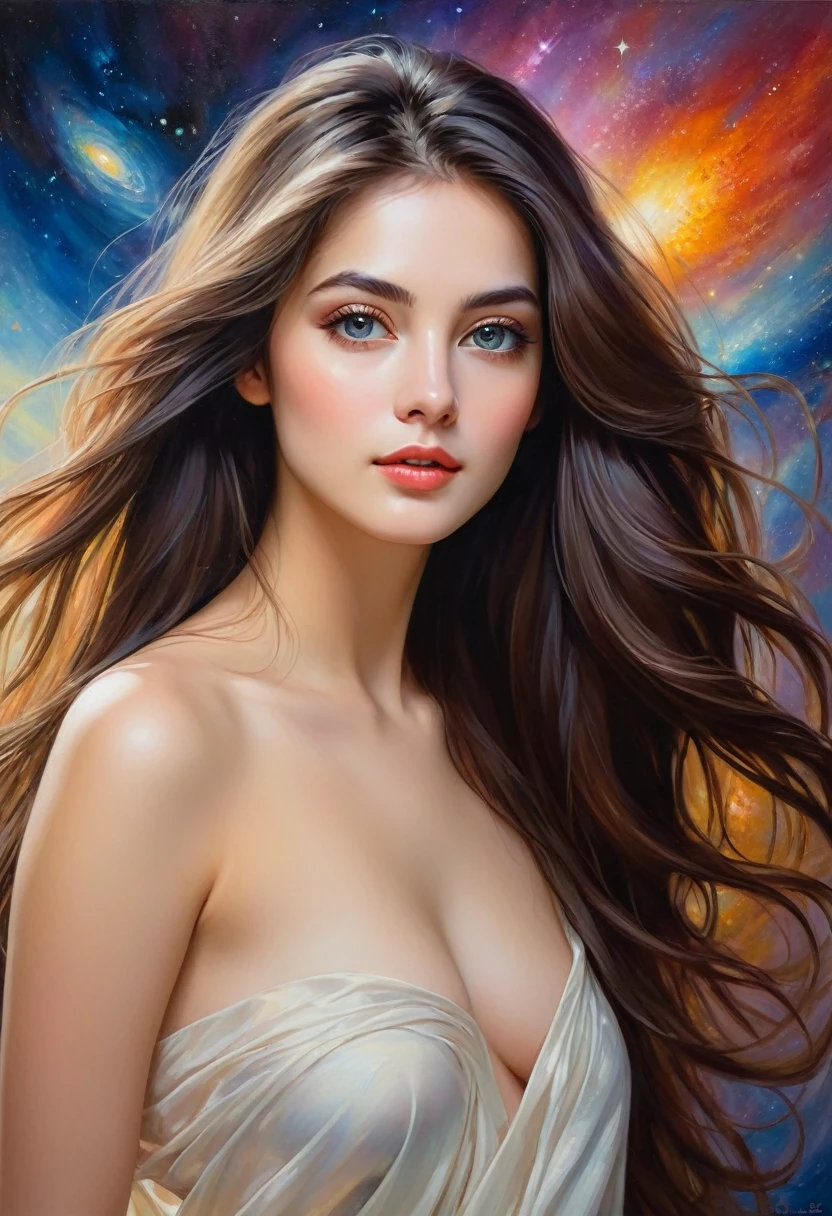 best quality,realistic,portrait,"toppless woman","beautiful detailed eyes","soft and delicate skin","long flowing hair","elegant and graceful pose","subtle lighting","subtle background","oil painting style","vivid colors" very slutty ,space background
