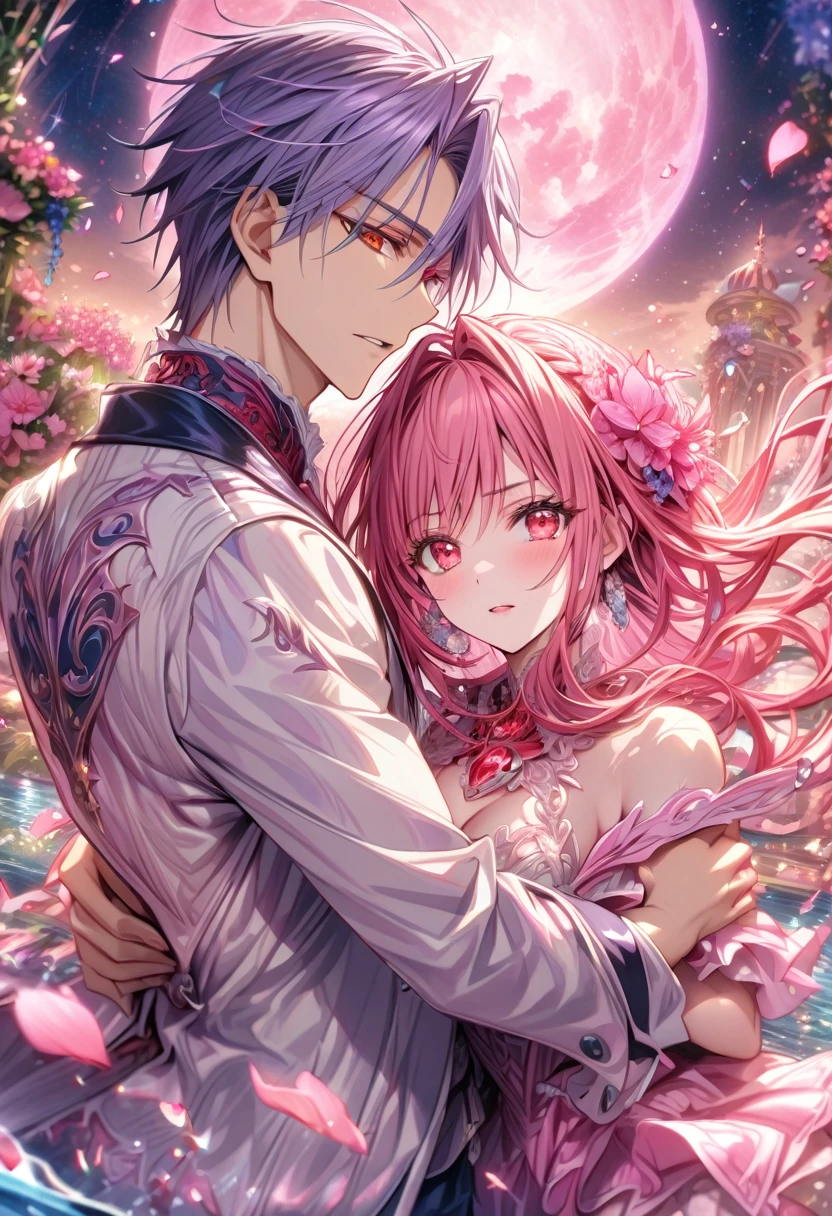 absurdres, highres, ultra detailed, HDR, master piece, best quality, extremely detailed face, Akashi Seijuro, red hair, expressive red eyes, Kuroko No Basket, Momoi Satsuki, pink hair, expressive red eyes, a handsome man together with a beautiful woman, couple, white jacket, magic, pink flowers, pink petals, water, magical, fantasy, glass, pink moon, starry sky