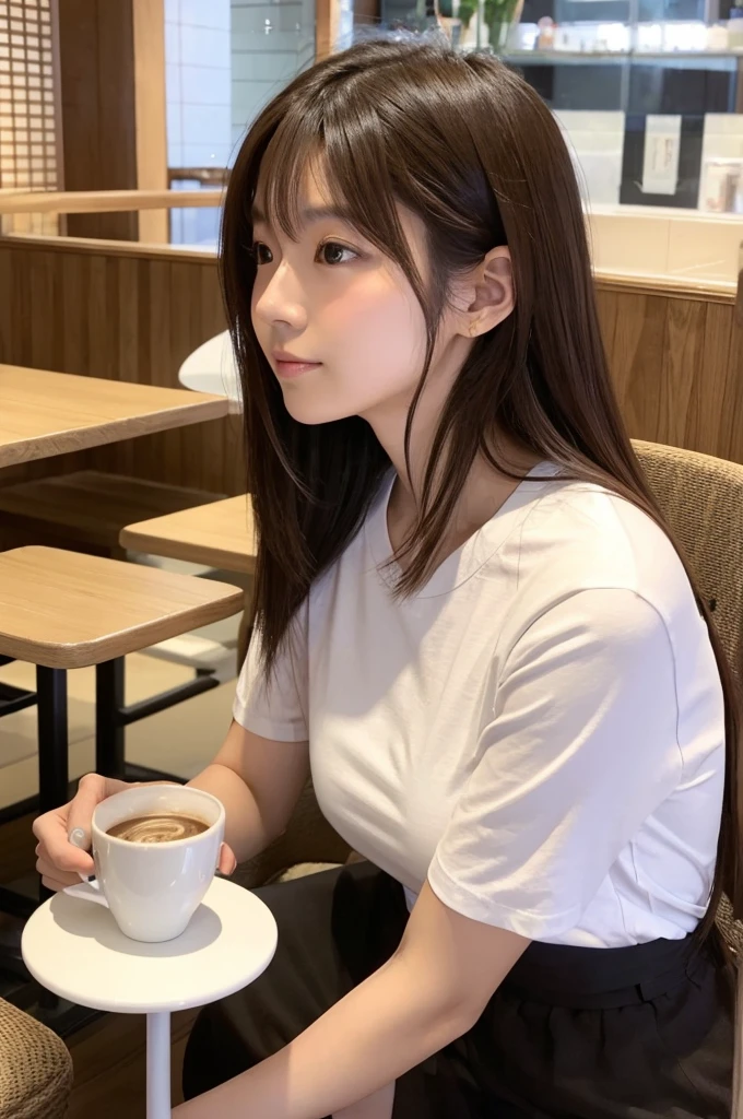 Japanese、Woman in her 20s、Hair style: brown medium length、Wearing a white T-shirt、Skinny、My breasts are a little large、Cafe table seating、Side angle