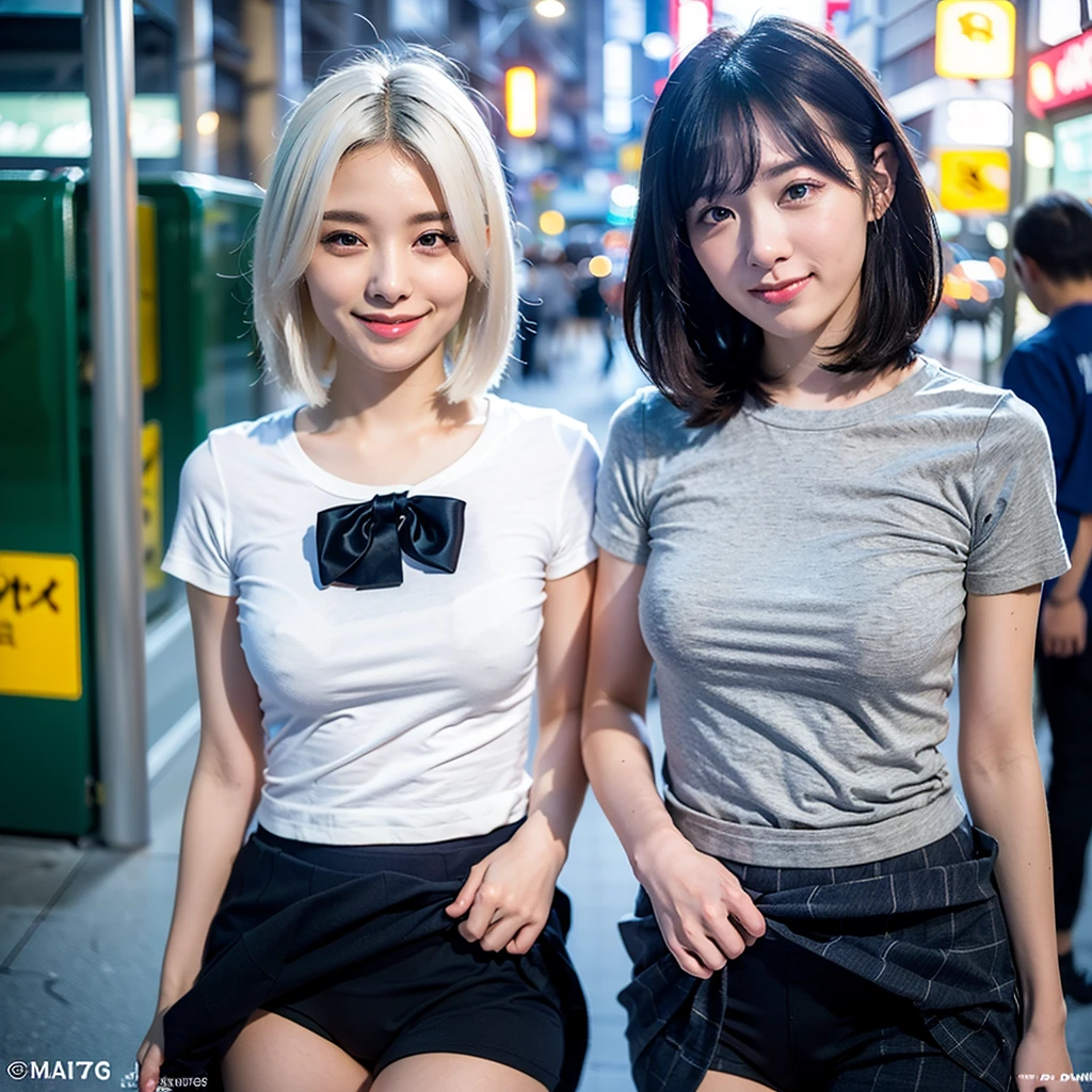 (8k, RAW photo, best quality, mastery:1.3),(realistic,photo-realistic:1.37),(night),(looking viewer:1.331),(white hair),posing,Tokyo street,nightcityscape,cyberpunk city,soft light, 1girl, extremely beautiful face, perfect body proportions, focal length, bust, casual hairstyle, smile, big eyes, (short sleeves JK_shirt), JK_style, (navy JK_skirt), (bow JK_tie), mix4, detailed eyes