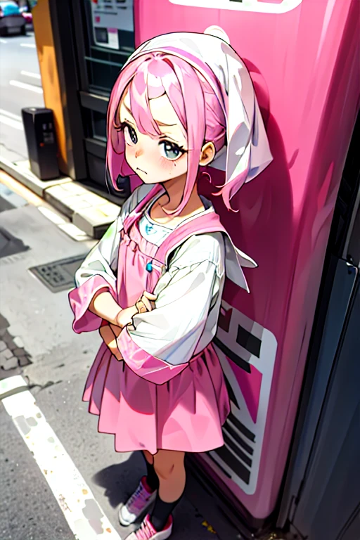 Cute pink hair、A girl in a cute dress、A girl goes to the bathroom、Look away、permanent、Awkward、blush、shut your mouth、a street(Girl is peeing:1.7)、mini skirt