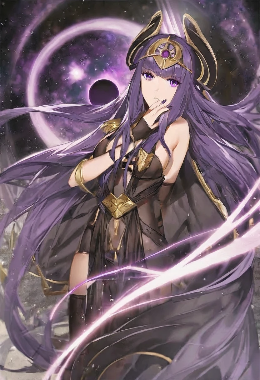Goddess Athena，Extra long purple hair，Purple Eyes，Wearing black silk，Black and purple skirt，And it is decorated with gold stripes，There is no decoration on the head，A black hole in the universe，Purple and black black hole