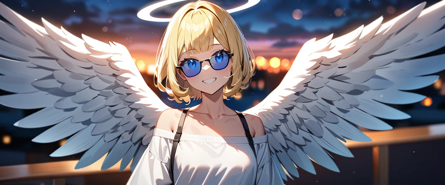 ((flying in the sky)), ((angel, big big white wings:1.3, halo:1.3)), ((sky)), (((sunglasses, hand to sunglasses))), (((cowboy shot))), archangel Uriel, ((wavy hair, inward curled hair)), evening, Sunset, ((blond hair, bob cut:1.3)), breasts, ager, (looking at viewer), oversized clothes, puffy long sleeves, collarbone, ((off-shoulder sweater:1.3, Quite thick shoulder straps)), ((white sweater)), collarbone, head tilt:1.3, (((blue eyes))), ((happy smile)), (((anime style))), (best quality, 4K, 8K, highres, masterpiece:1.2, ultra-detailed, ultra-detailed eyes, HDR, uhd, studio lighting, ultra-fine painting, sharp focus, physically-based rendering, extreme detail description, professional, vivid colors, bokeh)
