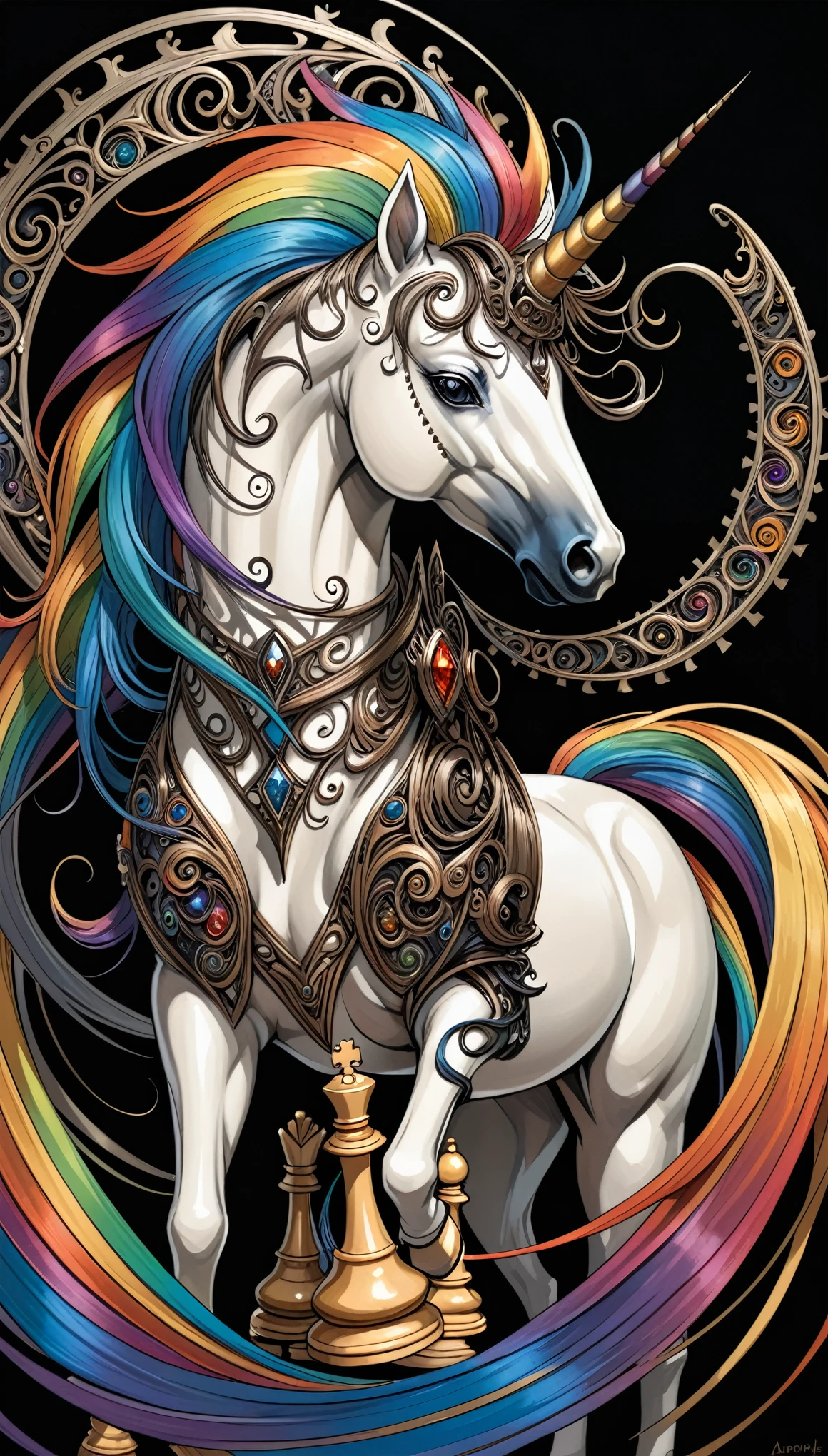 (in style of Aaron Horkey:1.4),in style of Santiago Caruso, 1girl, queen \(chess\),Rainbow Pony,unicorn horn，metal spiral sharp corners