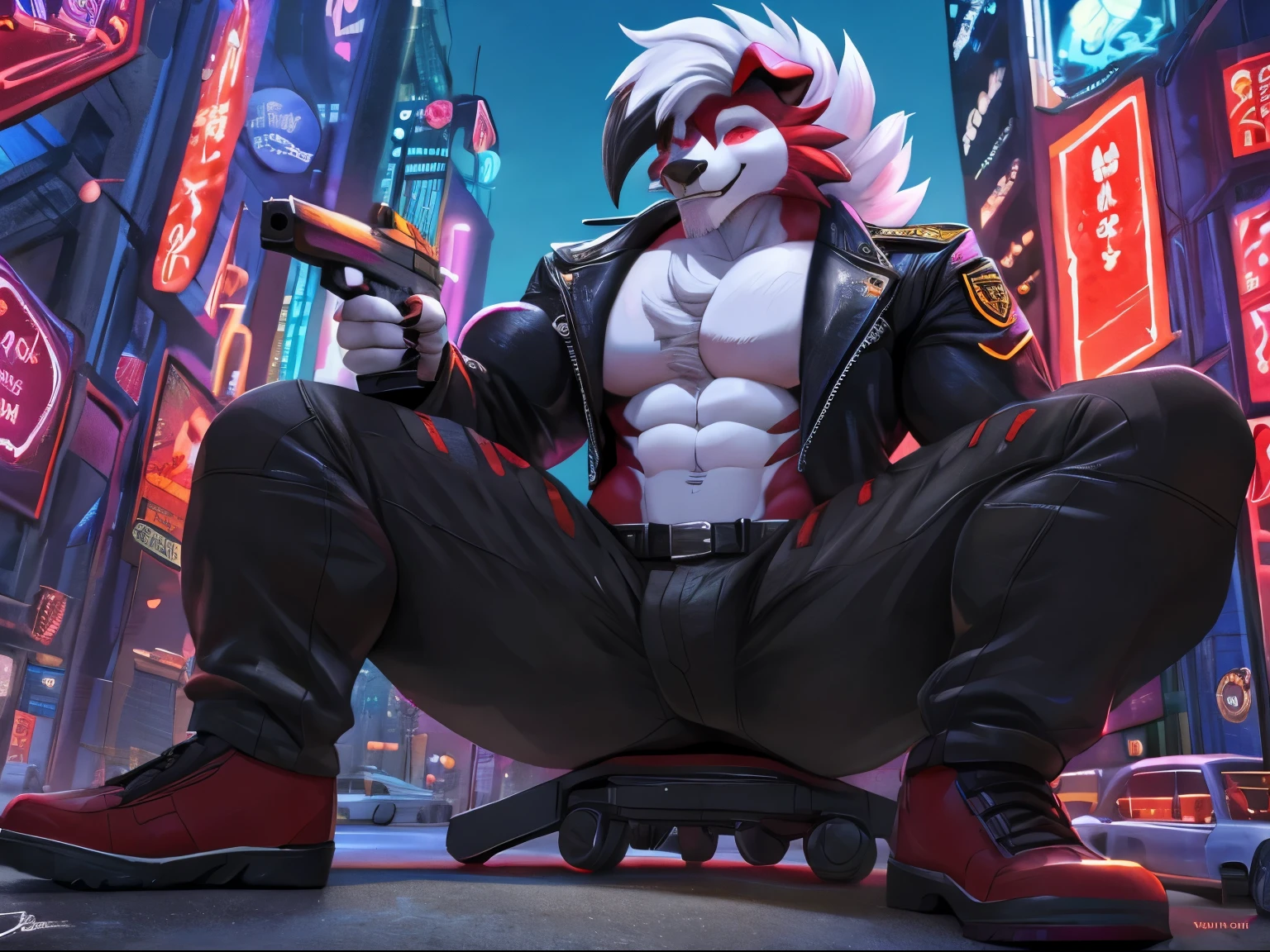safe, Beautiful, incredible, impressive, posters, (Twilight Lycanroc), muscular male, antrum, Clothes, soldier, leather jacket, with a gun in hand, pistol, perfect gun, Pants, strong physical body, large puffy pectorals, macro in miniscule city, sitting on ground