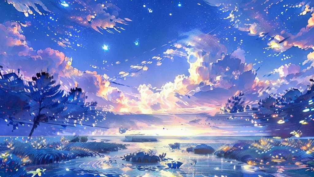 (High resolution, realistic, 4K, super detailed, masterpiece:1.2)a serene river with flowing water, twinkling stars in the night sky, the moon trembling on the water surface, floating jellyfish drifting in the current, delicate glowing aquamarine flowers blooming along the riverbank, a dreamlike blue world, dramatic lighting, Bright colors, enchanting beauty