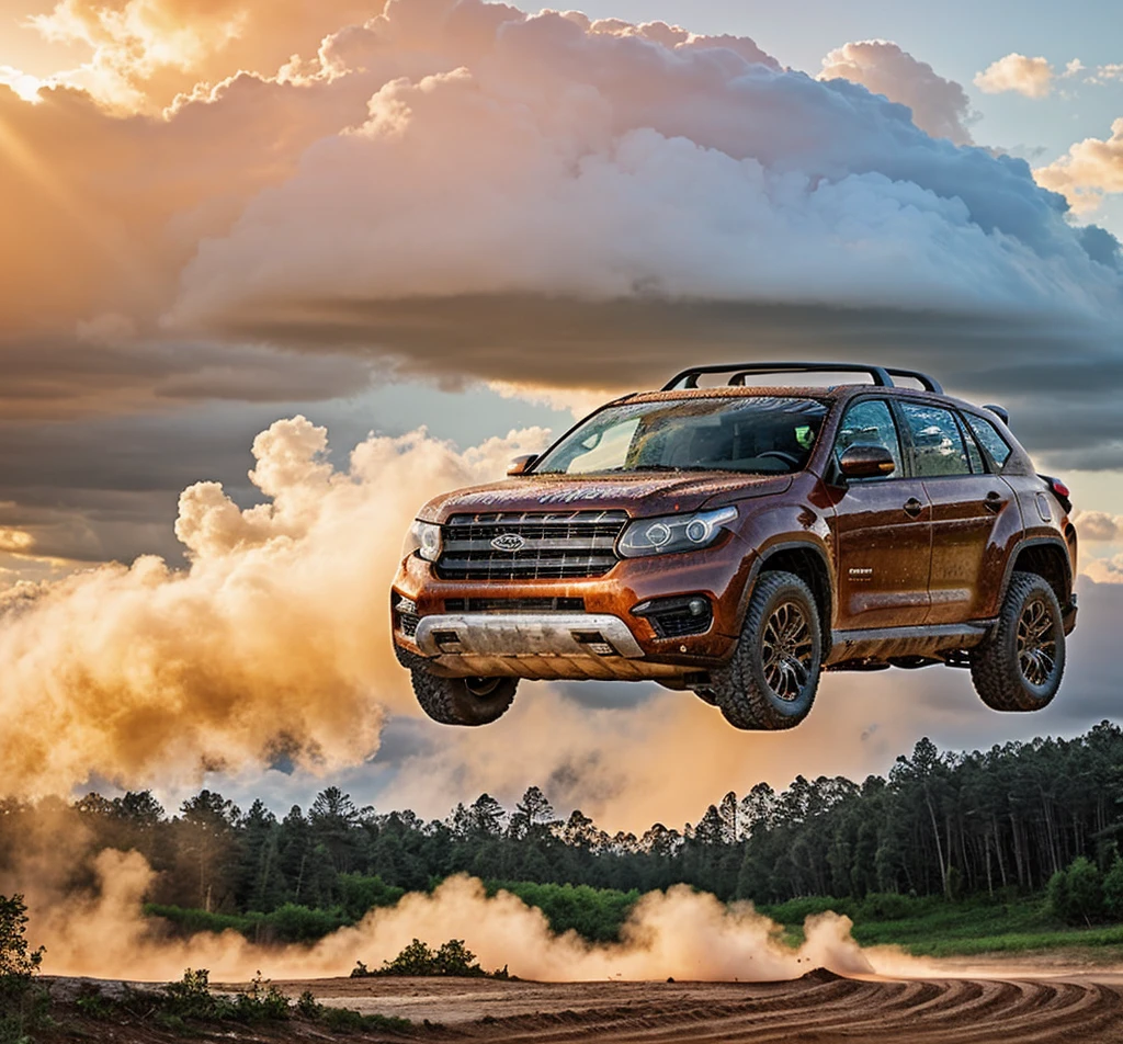 Photos of off-road vehicles, forest, Sunset, cloud，Real light，HD，Realistic details，Car side view