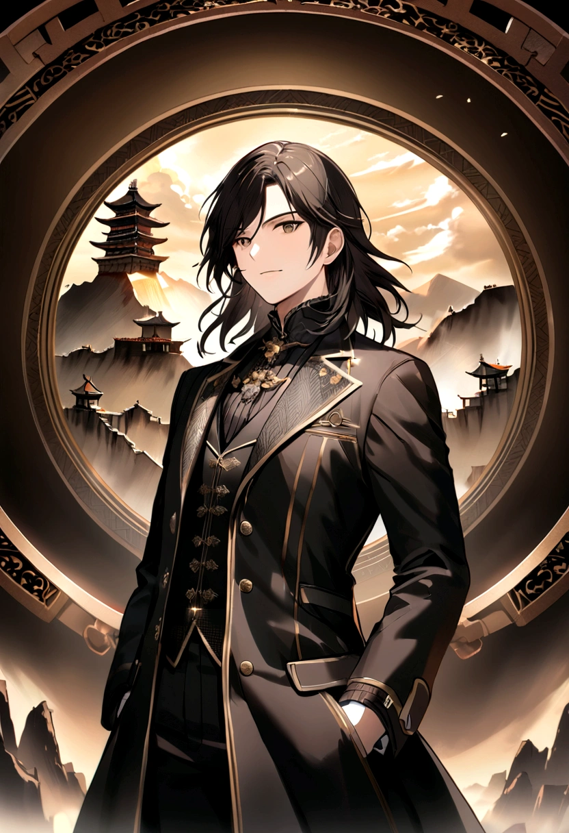 Regeneration Art, Masterpiece Octane renders sexy masculinity [Basque|The digital age] (Guy:1.2) , Jack the Ripper face, Jack the Ripper wearing a Harrington jacket, Harrington jacket color is brown, There is a decoration of the Great Wall of China on it, Medium Length Hair, Detailed background, The dense sky, Visual novel, Full of hope, Warm lighting, Low shutter, Participate in a project，Background of the Great Wall of China