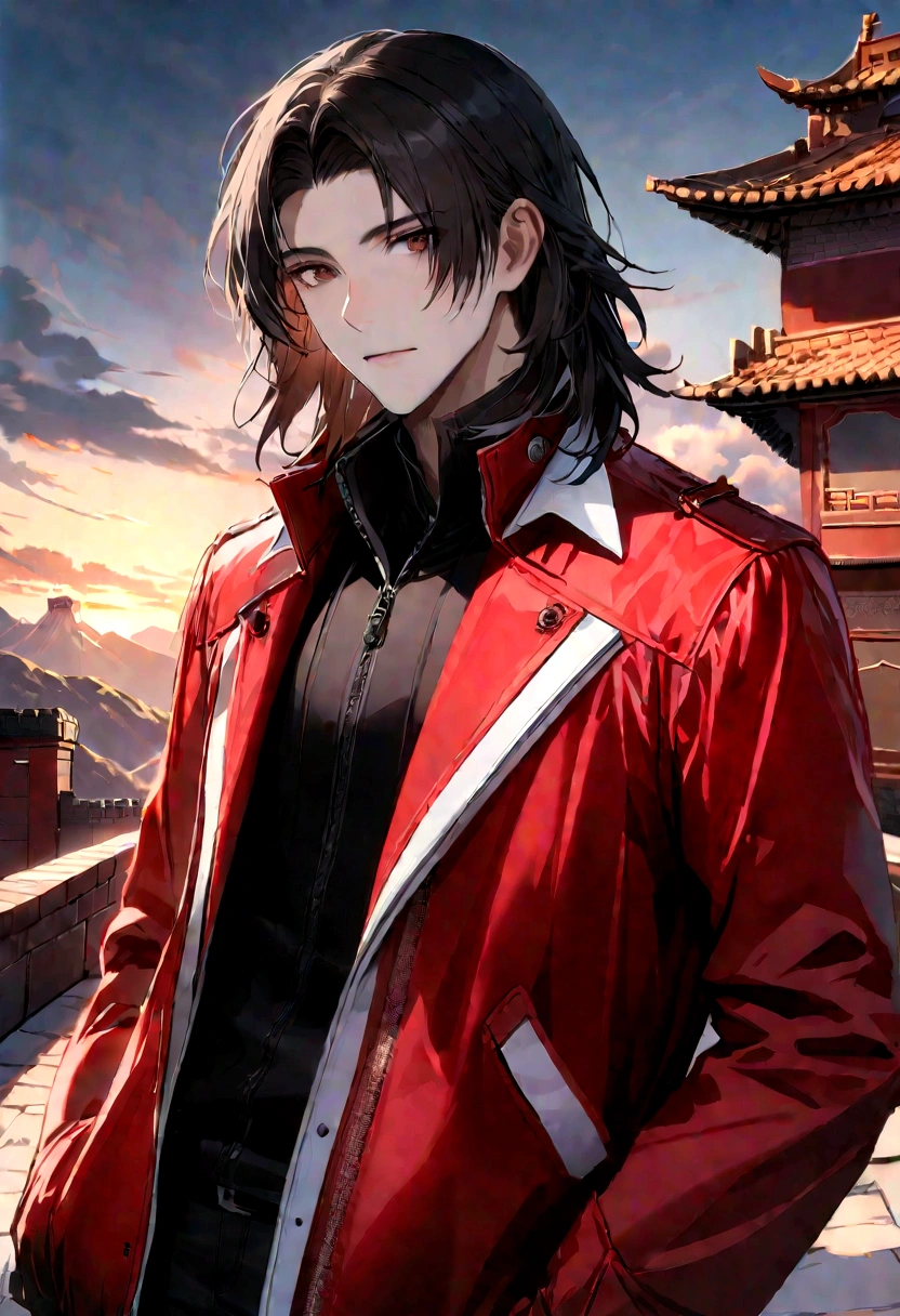 Regeneration Art, Masterpiece Octane renders sexy masculinity [Basque|The digital age] (Guy:1.2) , Jack the Ripper face, Jack the Ripper wearing a Harrington jacket, Harrington jacket color is brown, There is a decoration of the Great Wall of China on it, Medium Length Hair, Detailed background, The dense sky, Visual novel, Full of hope, Warm lighting, Low shutter, Participate in a project，Background of the Great Wall of China