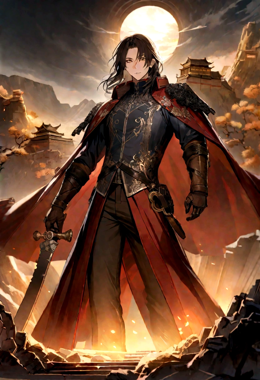 Regeneration Art, Masterpiece Octane renders sexy masculinity [Basque|The digital age] (Guy:1.2) , Jack the Ripper face, Jack the Ripper wearing a Harrington jacket, Harrington jacket color is brown, There is a decoration of the Great Wall of China on it, Medium Length Hair, Detailed background, The dense sky, Visual novel, Full of hope, Warm lighting, Low shutter, Participate in a project，Background of the Great Wall of China