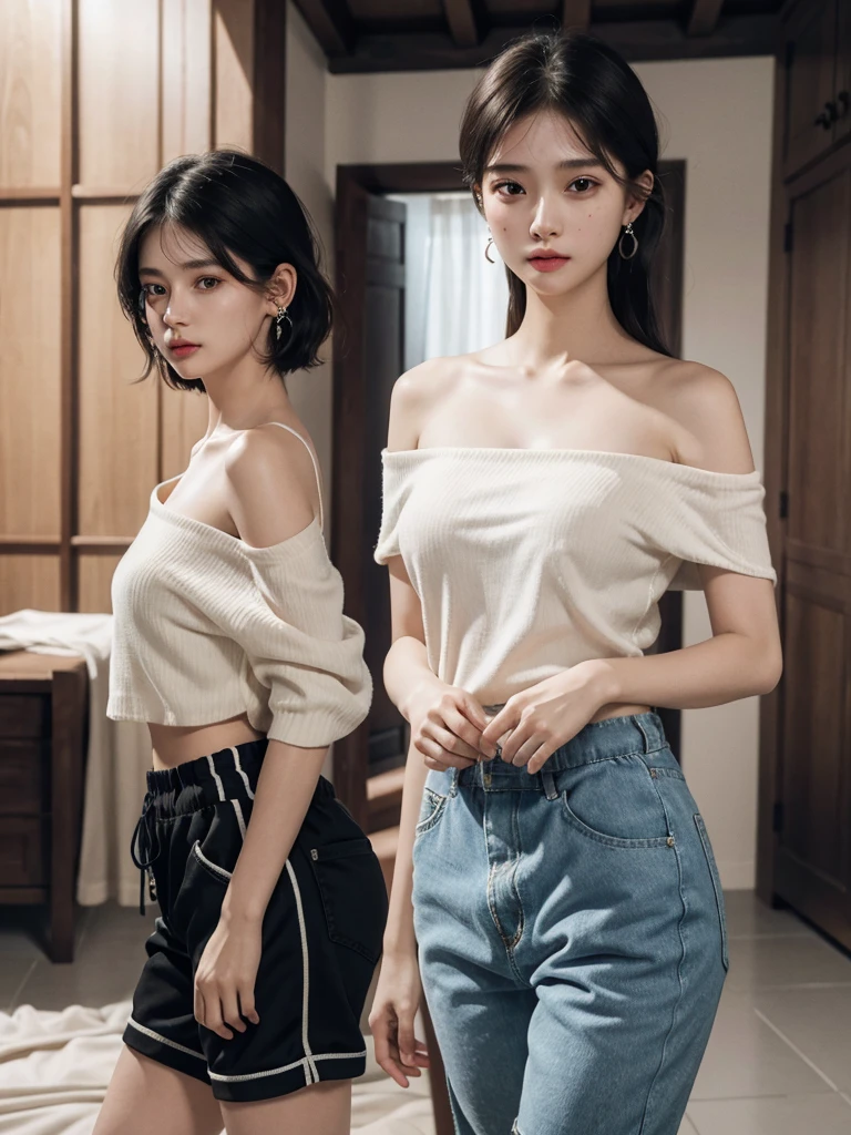 absurdres, RAW photo, extremely delicate and beautiful, masterpiece, Best Quality, ultra high resolution, 32k, hyperrealistic, ultra-detailed, in her 20s, delicate facial features, beautiful detailed girl, tearful mole, earring, medium breasts, full body shot, shorter middle hair, black hair, Joggers Shorts, bare shoulder,