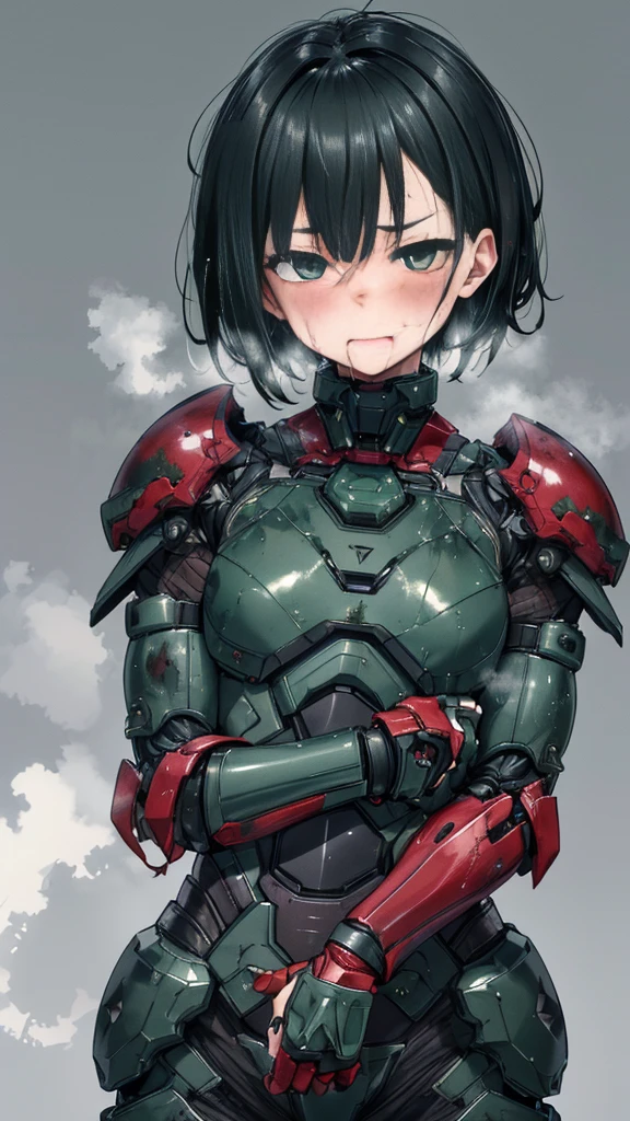 Rough skin, Very detailed, Advanced Details, high quality, 最high quality, High resolution, 1080P 、Bleeding from the wound、Sexy Eyes、Wearing green and black、cute((My whole body is sweating))(Equipped with a battle suit damaged by wounds....)(Dark green armor)(Broken Armor)Black Hair、Chiquita、Boyish Short Hair、Open your mouth、Painful expression、It hurts again、Healthy Skin、20-year-old women　defeat　(Steam coming out of the face) ((Steam coming out of the body)) 　Unable to fight　Severe seizures　Headgear broken　Ordinary face　Black Hair