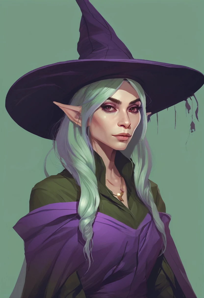 A pale green skin beautiful female witch woman half goblin half human half upper body dark purple clothes