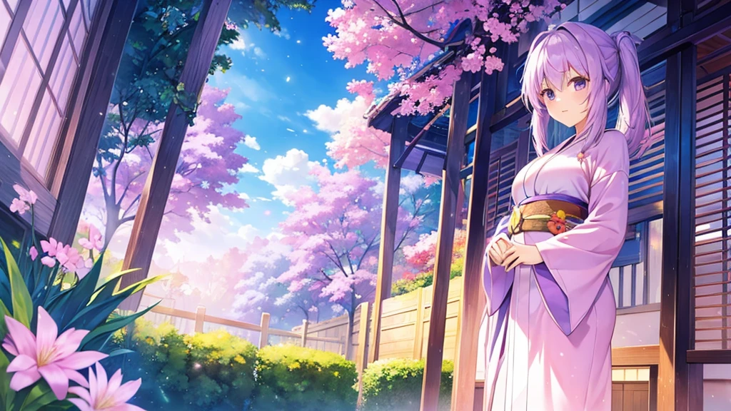 woman clear Light purple hair kimono Anime Style garden