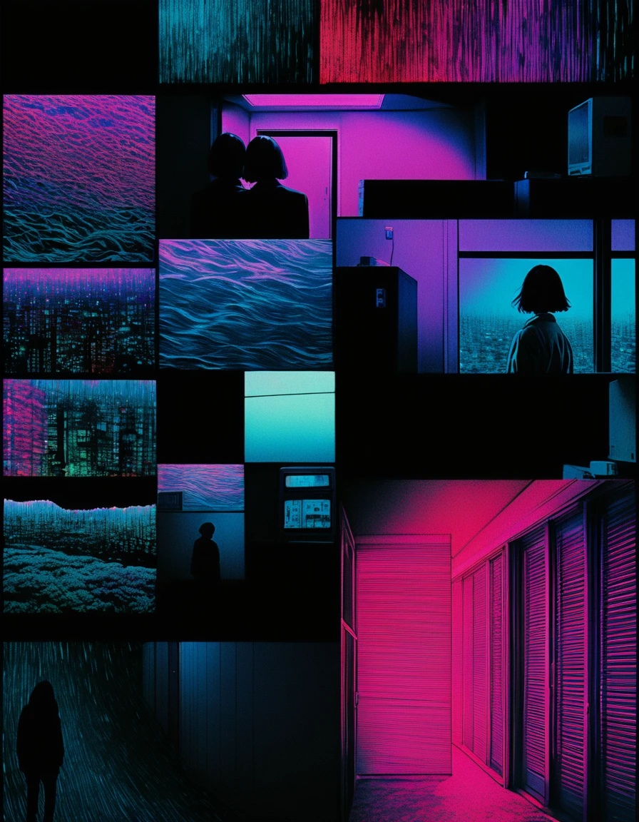 to illustrate、artistry、directed by Junji Ito、Anxietyの立像、nightmarish、Anxiety、double image、high détail, realistic shadow、analog style, vhs style, Film 8mm, Chromatic aberration, DVD Screenshot、Complementary color gradient、Surrealism, horor, panic