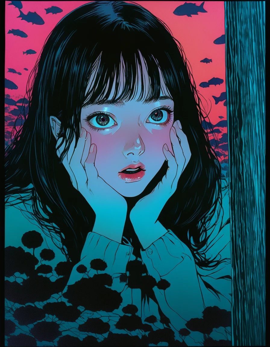 to illustrate、artistry、directed by Junji Ito、Anxietyの立像、nightmarish、Anxiety、double image、high détail, realistic shadow、analog style, vhs style, Film 8mm, Chromatic aberration, DVD Screenshot、Complementary color gradient、Surrealism, horor, panic