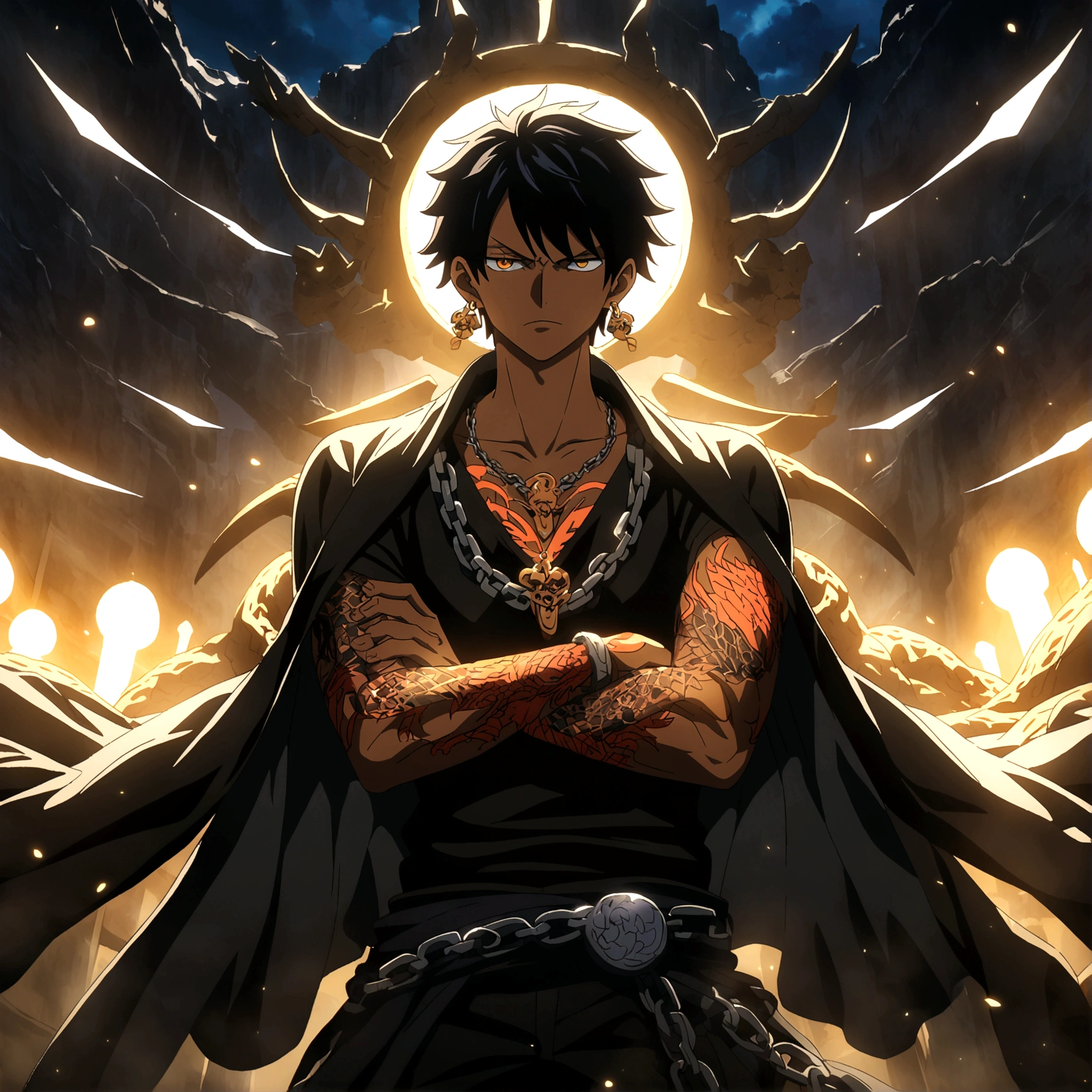 Boy, brown skin, short black hair with blue gradient, orange right eye, blue left eye, dragon tattoos all over, dragon earring, black coat with dragons, chain with dragon pendant, crossed arms, arrogant expression, "One Piece-inspired features, full of dramatic and incredible lighting, dramatic lighting, infused with creative details, ultra-fine 2D design, scenery bathed in creativity, bathed in creativity, boasting HD anime resolution clarity, HD anime graphics, high-octane rendering"