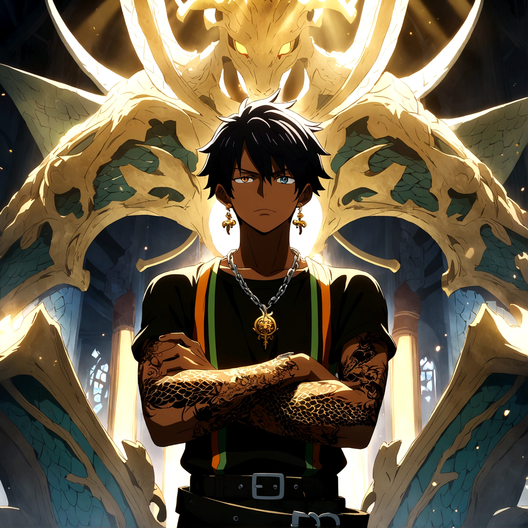 young boy, brown skin, short blue-black hair, orange right eye, blue left eye, dragon tattoos all over his body, dragon earring, black clothes with dragons drawn on them, chain with dragon pendant, crossed arms, arrogant expression, "One Piece-inspired features, full of dramatic and incredible lighting, dramatic lighting, infused with creative details, ultra-fine 2D design, scenery bathed in creativity, bathed in creativity, boasting HD anime resolution clarity, HD anime graphics, high-octane rendering"