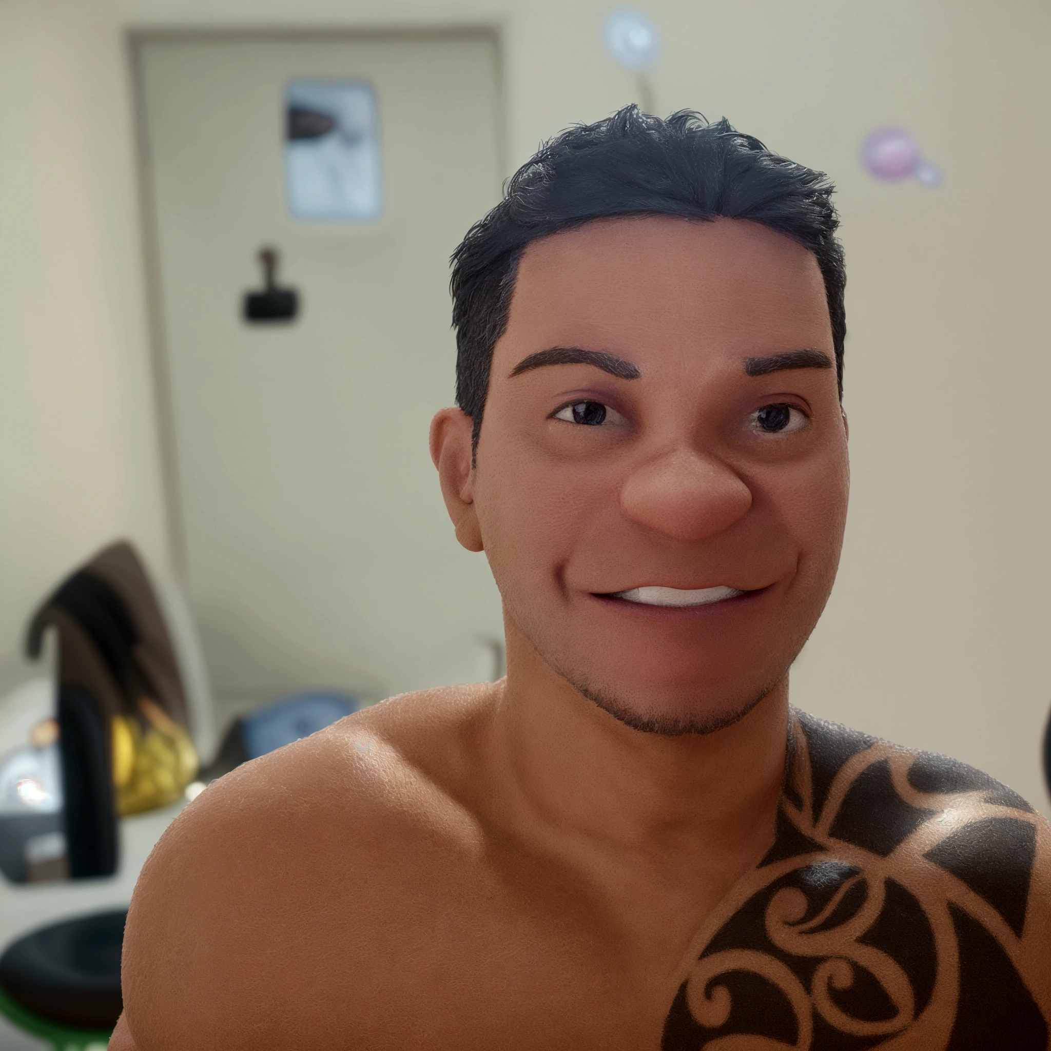 Cartoon character of a man with black hair and no shirt , an animated character, stylized character, animation style rendering, 3d stylized, Arnold Maya rendering, Stylized 3D rendering, toon render screenshot, 3d character, 3d character, Stylized 3D rendering, 3D character rendering, cartoon character, Personagem de close up, character posing, (Pixar-style) (master part:1.2) (bokeh) (best qualityer) (skin detailed) (detailed texture) (8K) (Argilla) (cinematic lighting) (sharp focus, leaks the upper part of the body