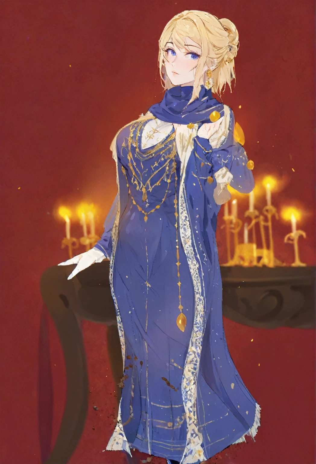 (( straight face picture )) ((best quality)), ((Masterpiece)), (details), Young woman , yellow hair , Dirt. , blue eyes ,Blue purple set, gold pattern , Magician , The dress is very beautiful. ,long dress ,big breasts ,Big butt ,red background ,curtain ,candle