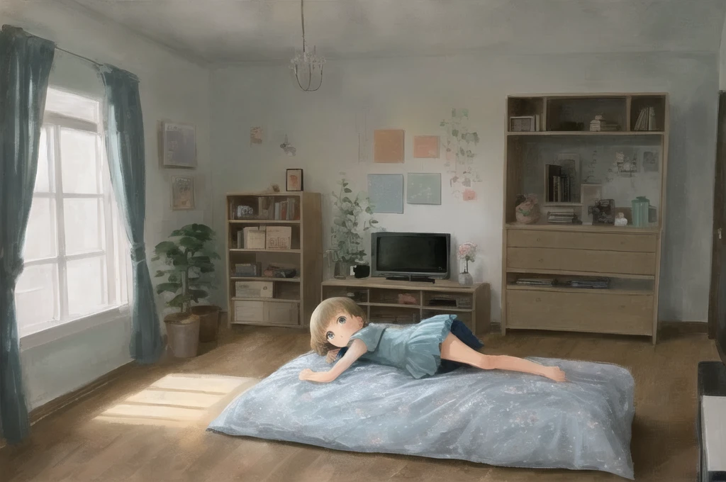 A little girl is lying on the bed watching TV,illustration,Floor-to-ceiling windows, interior furniture, TV-level comics,Miyazaki style,