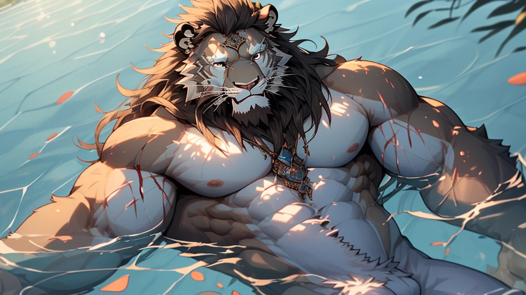 (masterpiece),(highres),(intricate details:1.4),extremely detailed,(illustration:1.2),8k,photorealistic,exquisite,(underwater),(sinking into the depths of a lake:1.6),aged,elder male lion ,muscular,(warrior :1.7),(being killed by enemies:1.9),manhood,long hair,long white beard,scar,(badly damaged),(sacrifice),hurt,broken body ,(bulging crotch:1.8),(homosexual),(naked upper body:1.7),(a serene face:1.9)