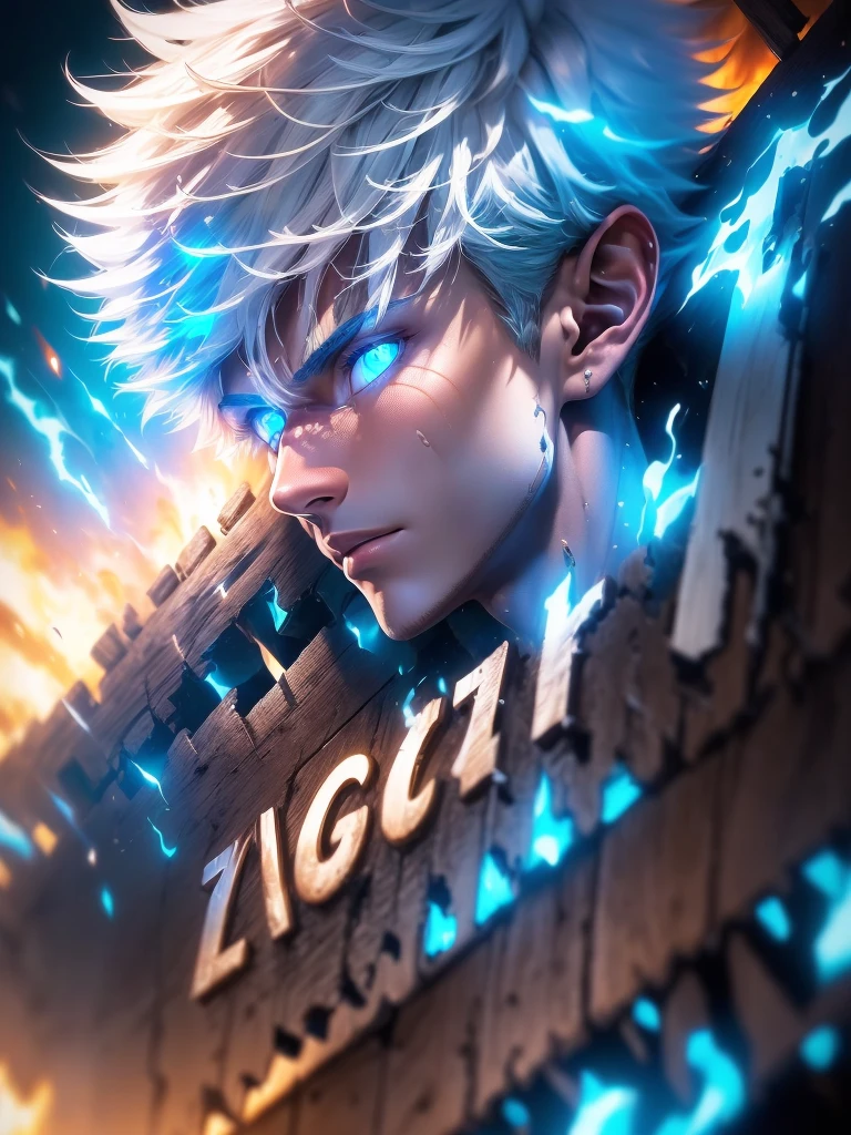 masterpiece, best quality, (extremely detailed CG unity 8k wallpaper, masterpiece, best quality, ultra-detailed, best shadow), (detailed background), (beautiful detailed face, male 25 years old, short white hair, warrior characteristic, light blue eyes, blue sky background and dragons flying in the background, and a wooden sign saying 7000 subscribers