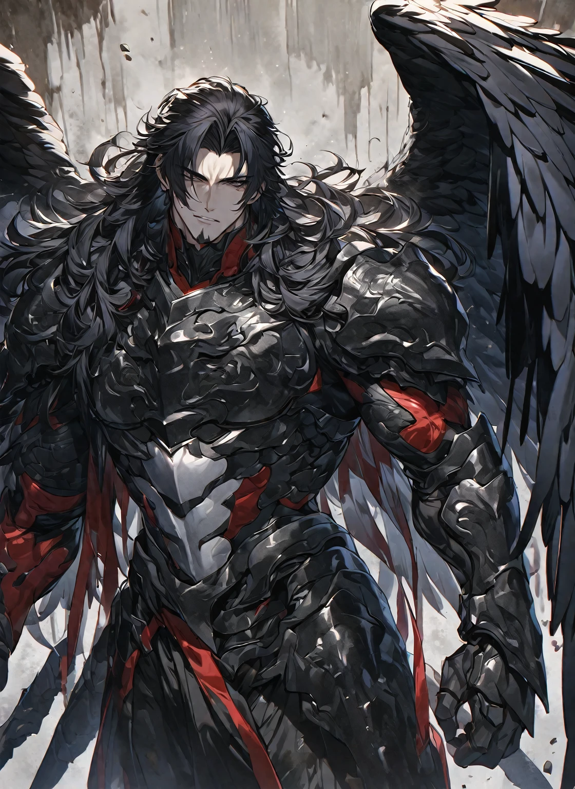 Best quality, One, handsome, 1 man, tall man, with a sporty body, V-shaped body, wide shoulders, black detailed armor with bright white details, 10 black feathered wings, long hair, Black hair covered with dirt and carbons, (white eyes), against the background of Black miasma with shades of red