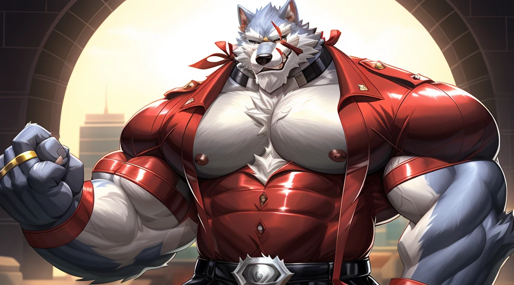 style image of a man with a wolf-like body and a shirt, lobisomem brawny, fluffy chest, brawny! offwhite, hairy chest, super buff e cool, Commission for High Res, furry wolf, thick furry neck and fluff on his chest, hairy body, furry art!!!, strong and imposing, thicc, brawny!!!, fluffy body, big muscle, large muscles, latex clothing, ribbons , tight, muscular clothing , posing , flexing your muscles