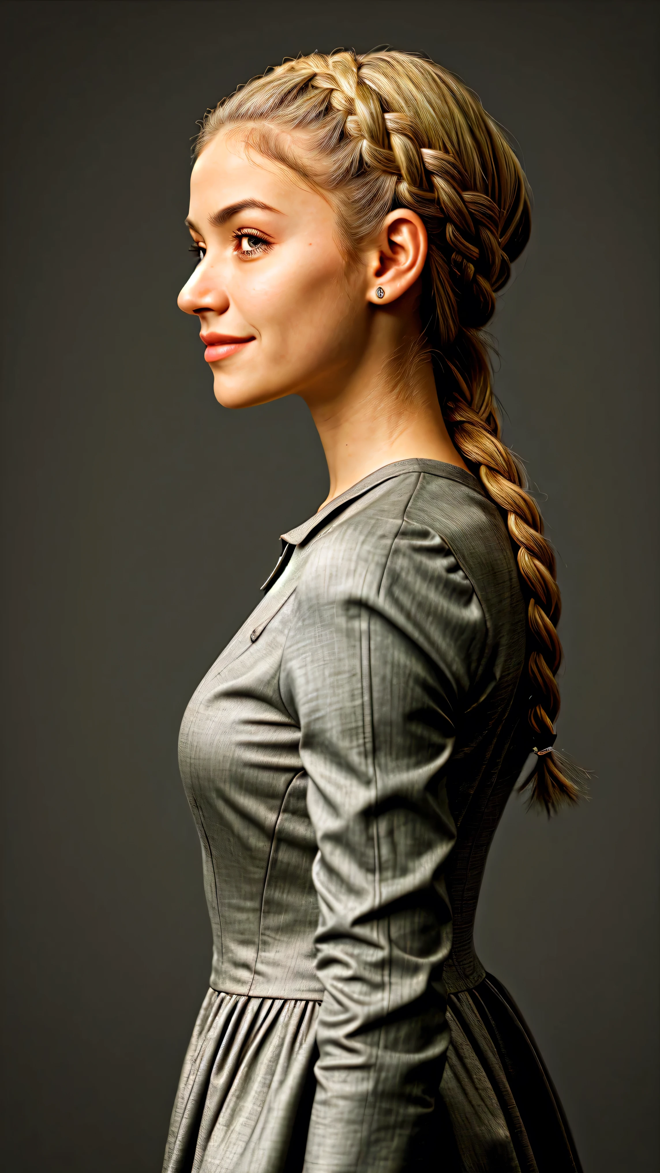chiaroscuro portrait, high contrast, dramatic, Rembrandt lighting, close range of realistic photo of GiusyMeloni, focus on smiling face, side view wearing a peplum dress , her taupe color hair is styled as side braid hair,