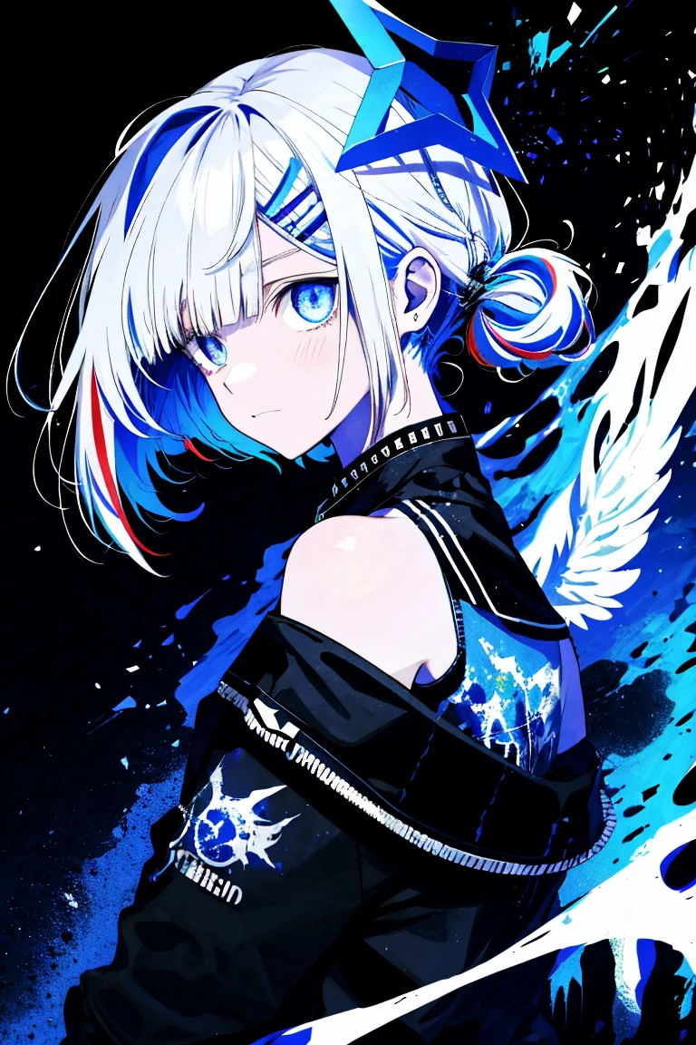 One Girl,Back Shadow Splatter,paint splatter sweatshirt,off shoulder clothing,,Alchemy Research Institute,Mysteries of the Uncharted Territories,Put your hands in your pockets,iris,game scene graph, Rain street background、White Hair、Bob Hair