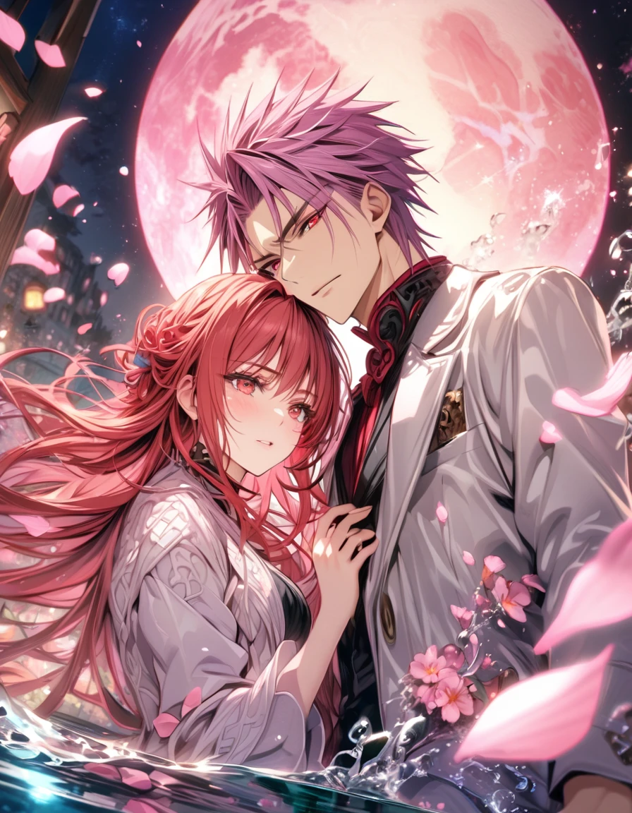 absurdres, highres, ultra detailed, HDR, master piece, best quality, extremely detailed face, Akashi Seijurou, red hair, expressive red eyes, Kuroko No Basket, Momoi Satsuki, pink hair, expressive red eyes, a handsome man together with a beautiful woman, couple, white jacket, magic, pink flowers, pink petals, water, magical, fantasy, glass, pink moon, starry sky