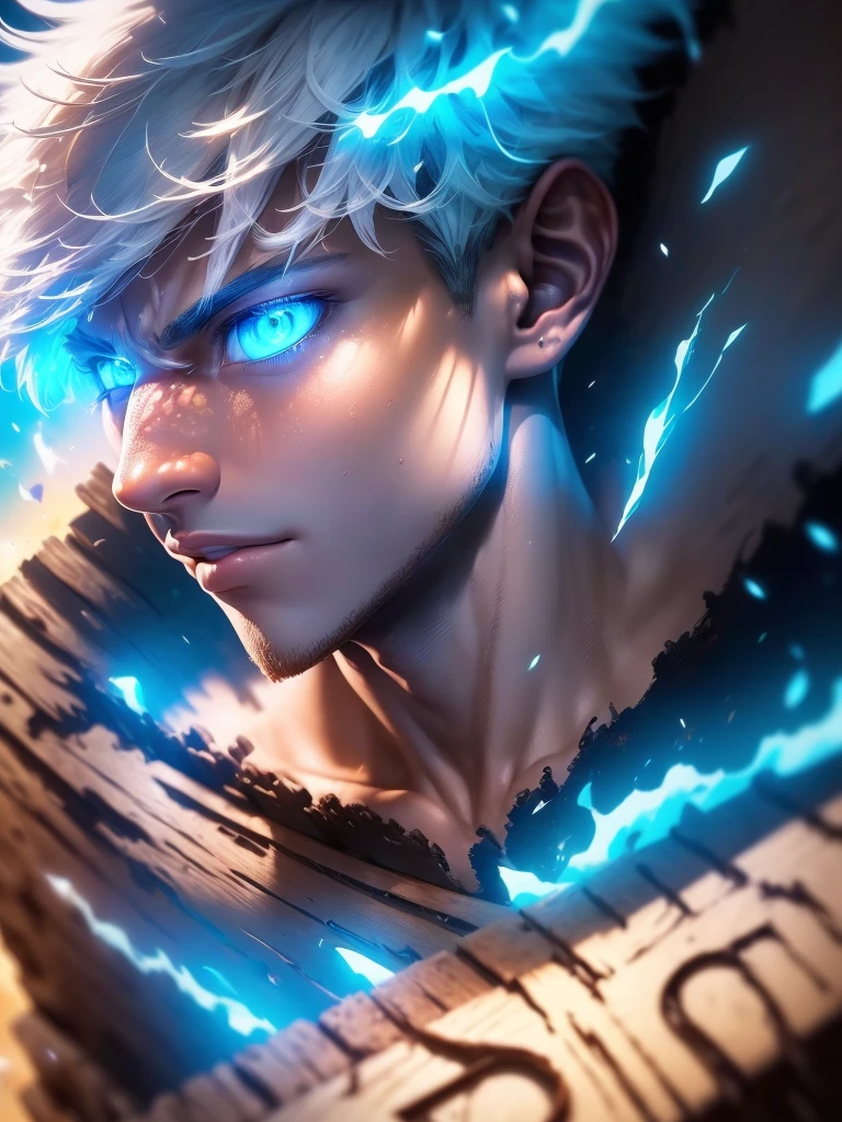 masterpiece, best quality, (extremely detailed CG unity 8k wallpaper, masterpiece, best quality, ultra-detailed, best shadow), (detailed background), (beautiful detailed face, male 25 years old, short white hair, warrior characteristic, light blue eyes, blue sky background and dragons flying in the background, and a wooden sign saying 7000 subscribers 