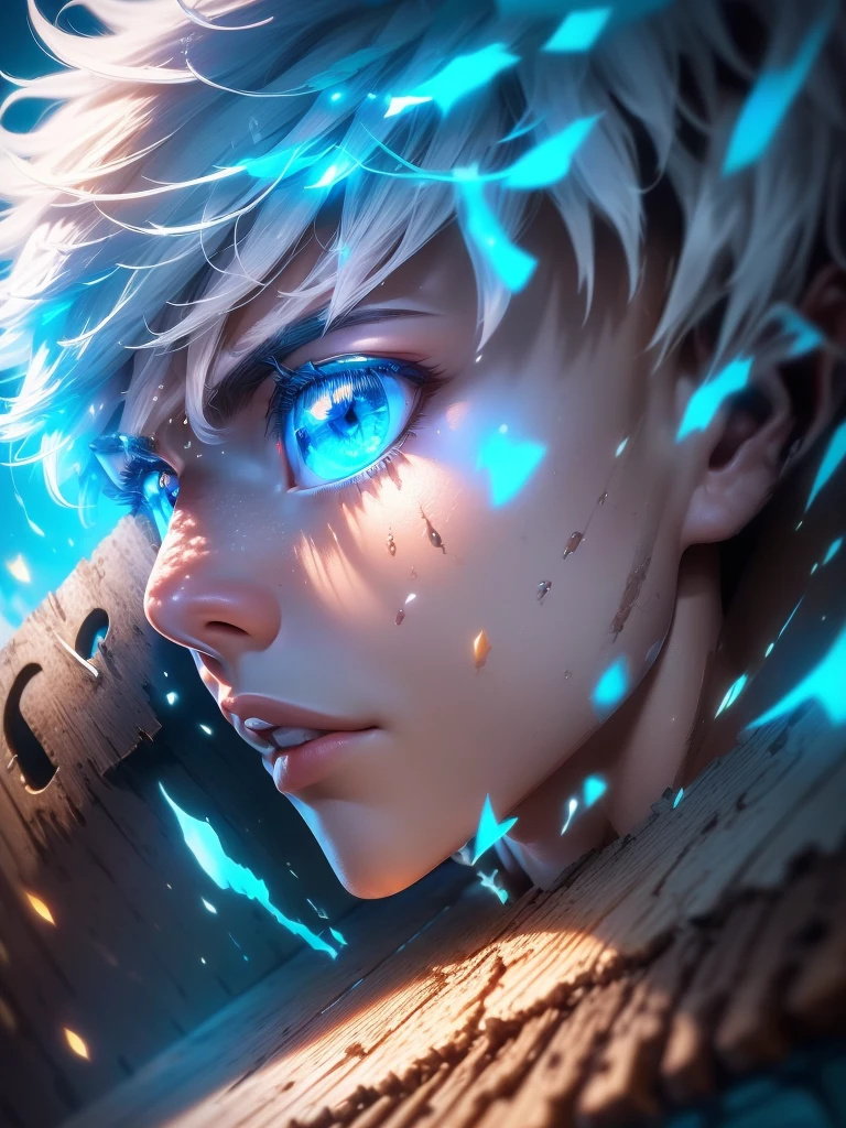 masterpiece, best quality, (extremely detailed CG unity 8k wallpaper, masterpiece, best quality, ultra-detailed, best shadow), (detailed background), (beautiful detailed face, male 25 years old, short white hair, warrior characteristic, light blue eyes, blue sky background and dragons flying in the background, and a wooden sign saying 7000 subscribers